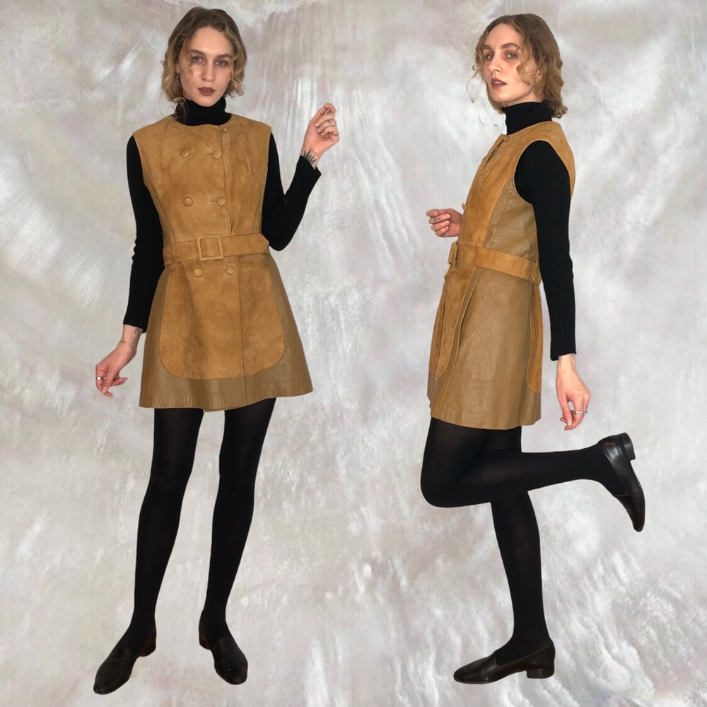 Vintage 60s Leather Suede Sleeveless Mod Mini Dress